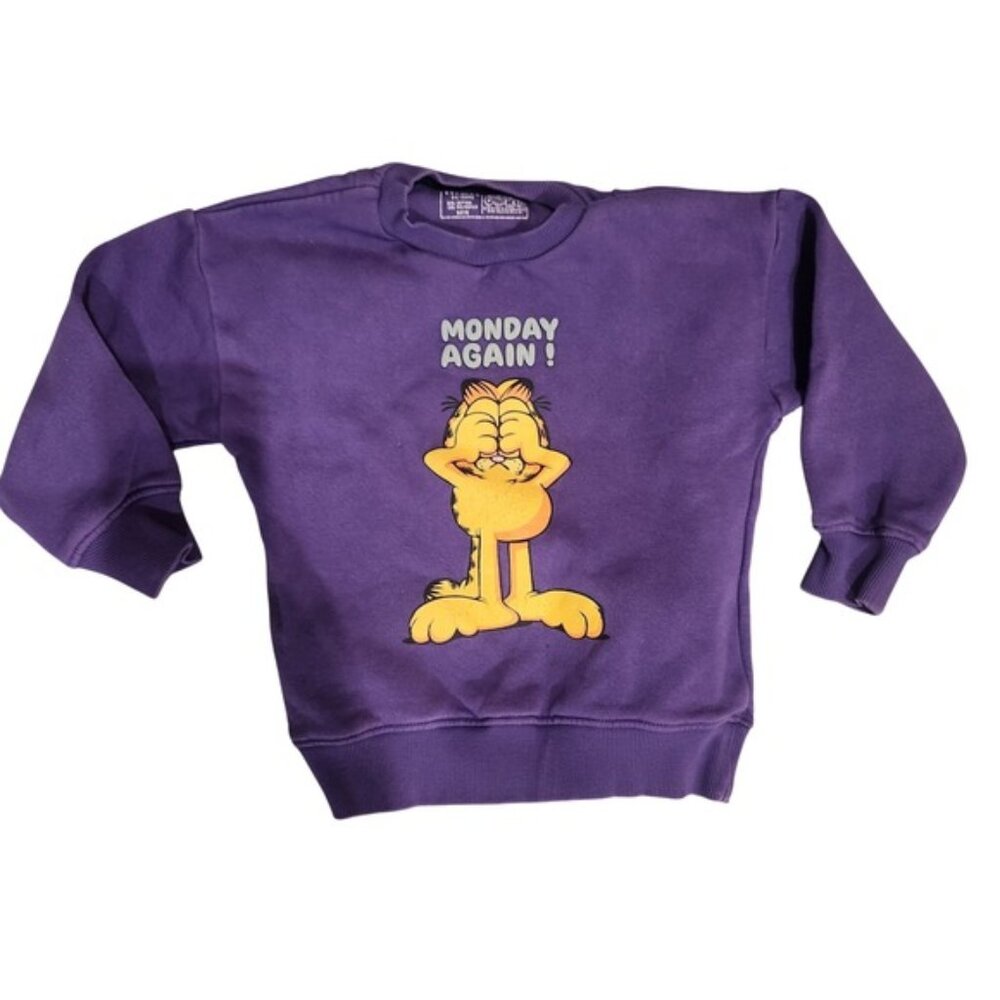 Kids Boys Purple Garfield Monday Again Sweatshirt Pullover Size 3-4 Years